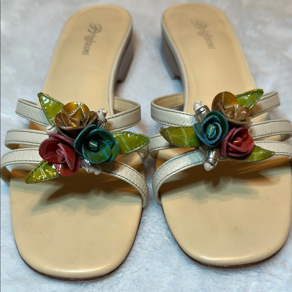 Brighton Janean Sandals Women’s 7 1/2M Cream Colorful Leather Floral Slip On